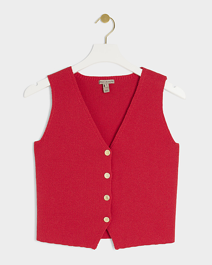 Red knit button up waistcoat