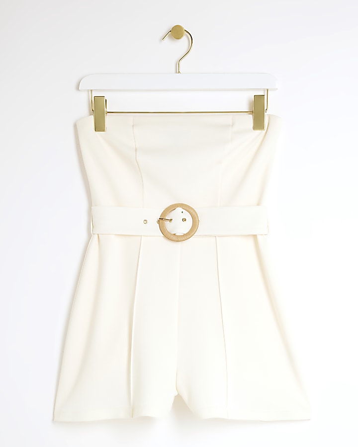 Cream Belted Bandeau Playsuit | River Island