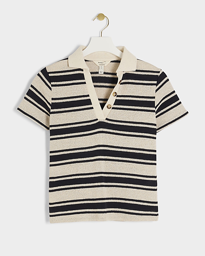 Cream crochet stripe polo t-shirt