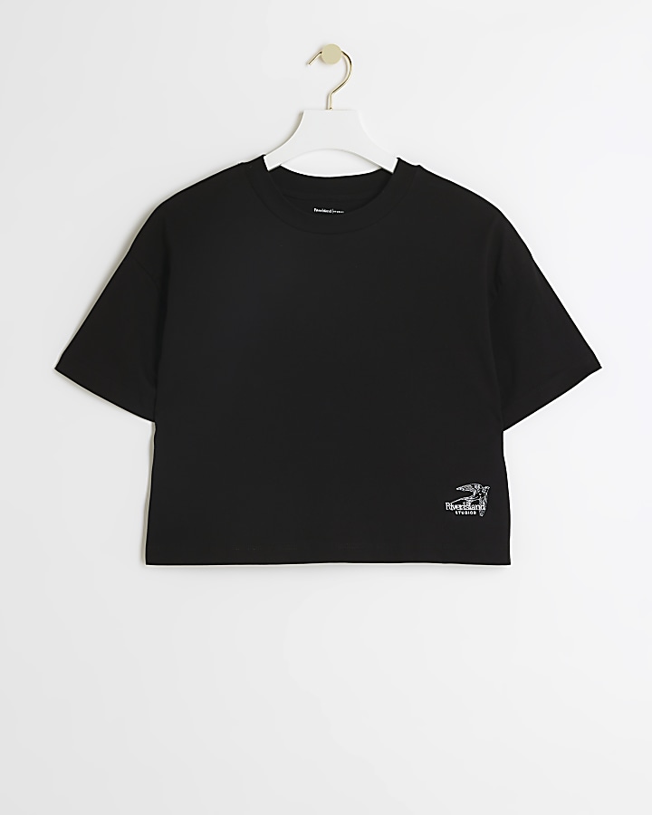 Black embroidered cropped t-shirt