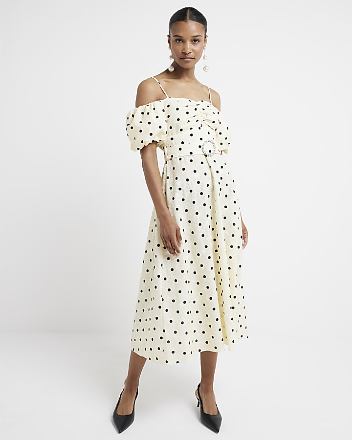 Yellow spot puff sleeve bodycon midi dress