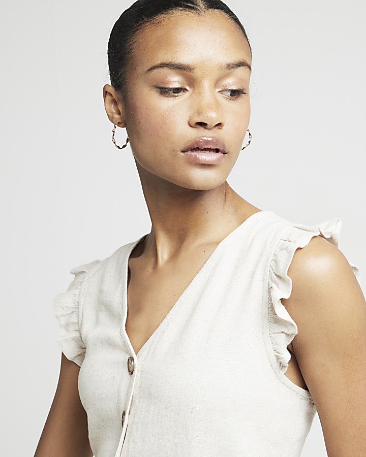 Beige linen blend frill vest top River Island
