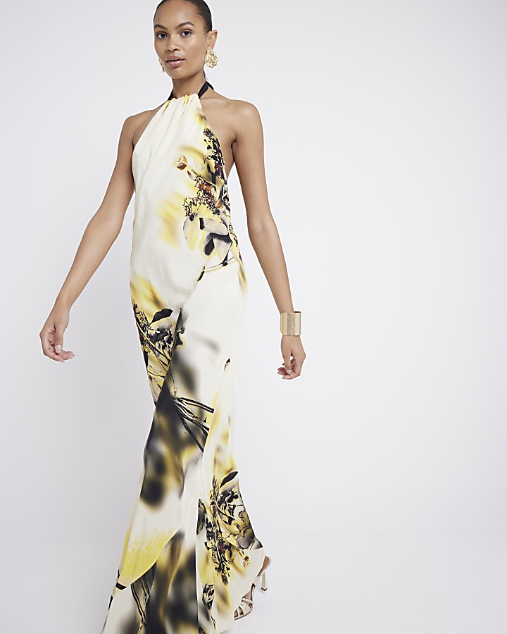 Yellow floral halter neck slip maxi dress | River Island