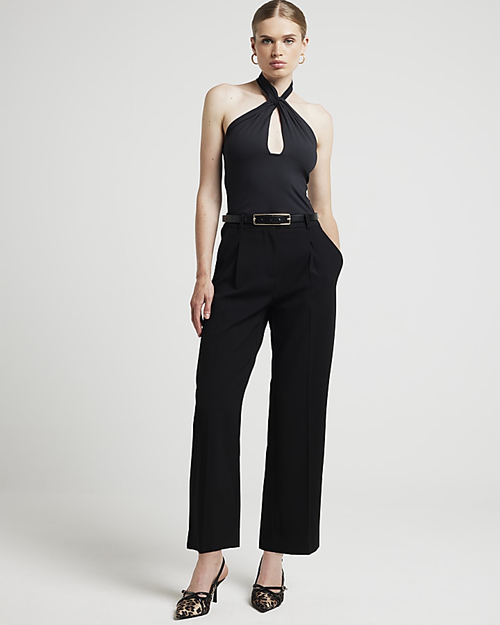 Black Pleated Straight Trousers | River Island