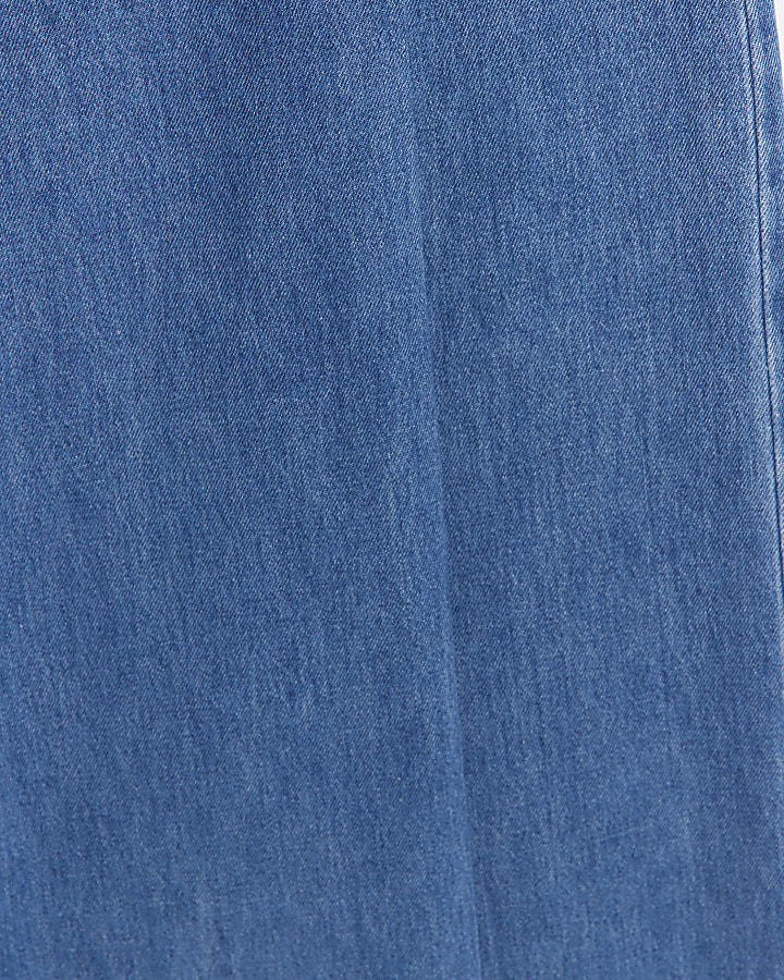Blue mid rise pleated wide leg jeans | River Island
