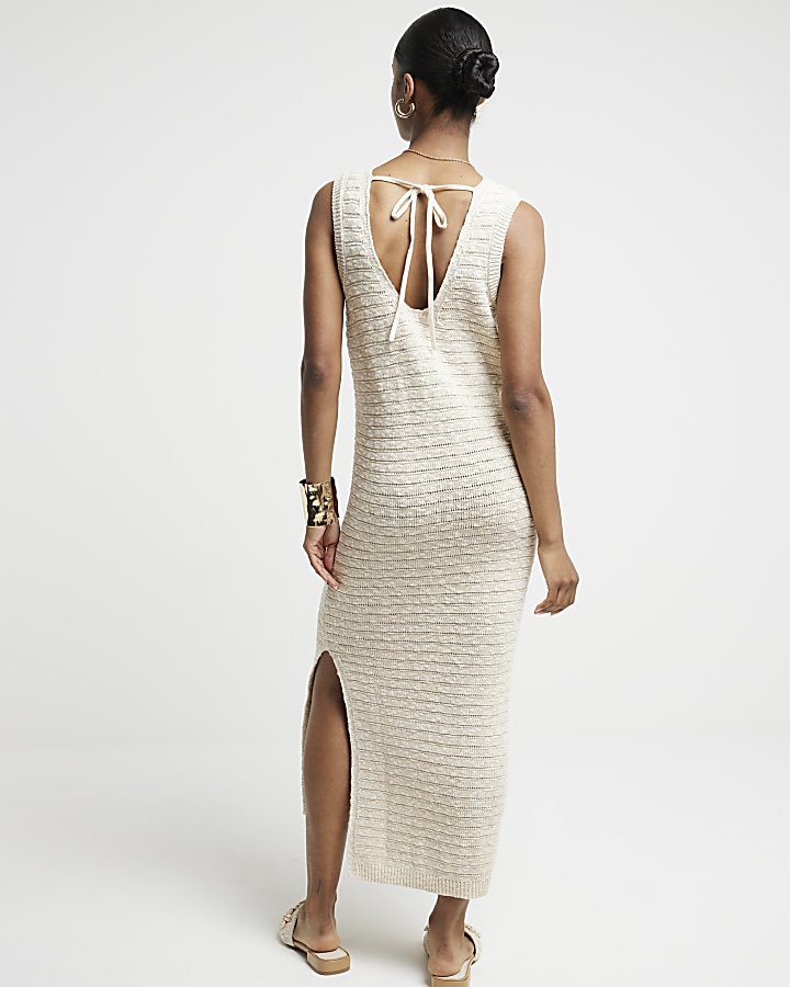 Gold crochet metallic bodycon midi dress River Island