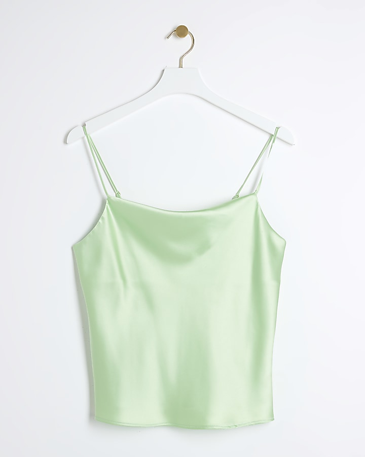 Green Satin Cowl Neck Cami Top River Island