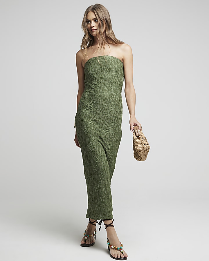 Khaki texture bandeau midi dress