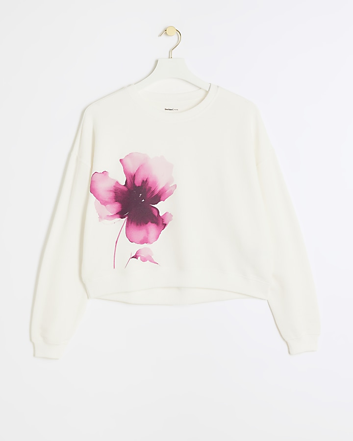 White Floral Print Sweatshirt