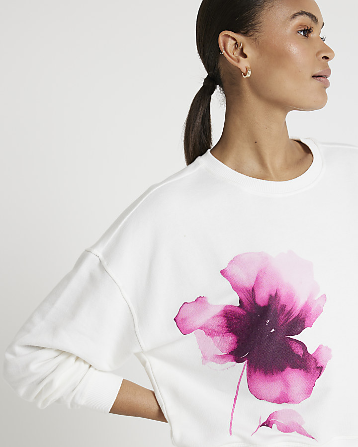 White Floral Print Sweatshirt