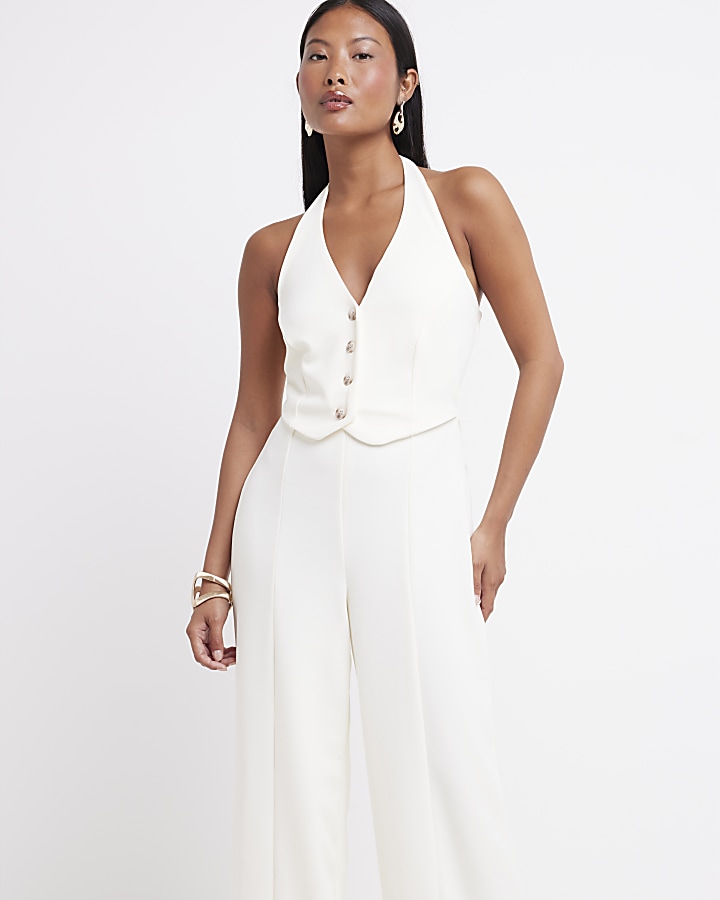 Petite Cream Halter Neck Waistcoat Jumpsuit | River Island