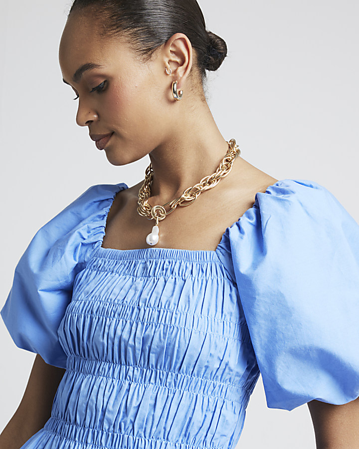 Blue shirred puff sleeve blouse | River Island