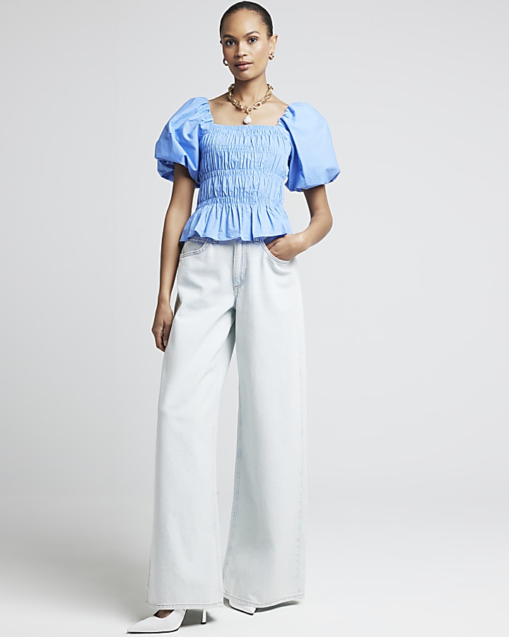 Blue shirred puff sleeve blouse | River Island