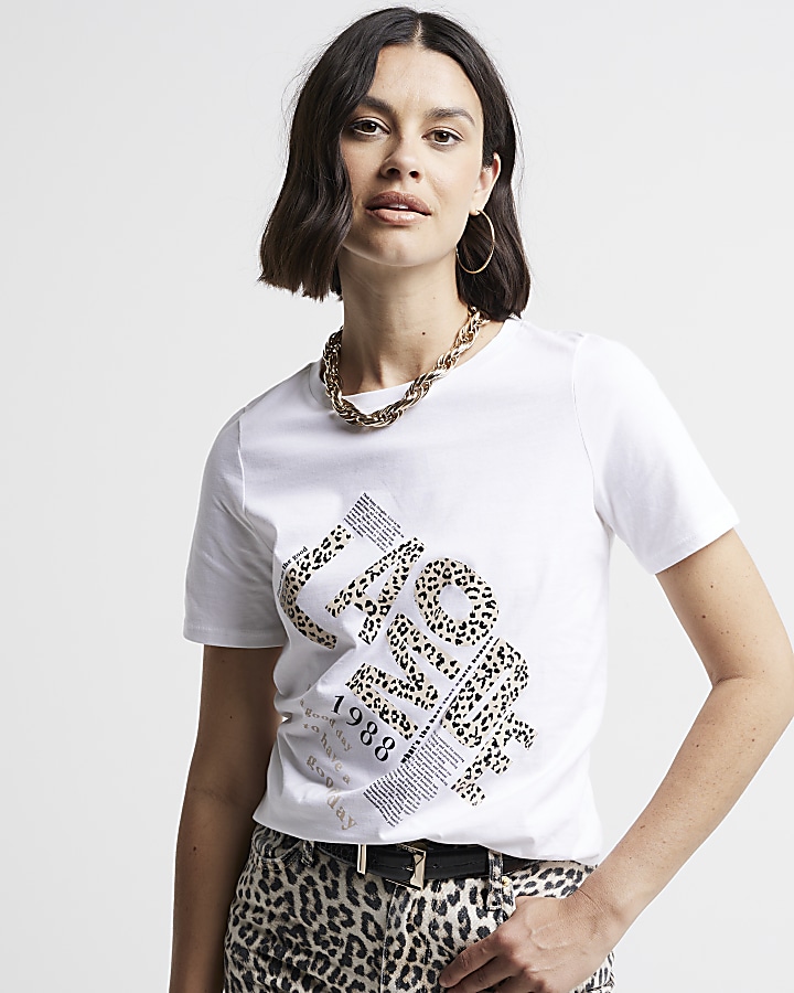 White leopard print graphic t-shirt