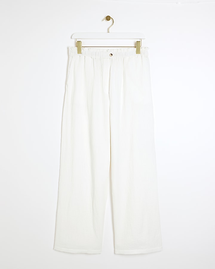 Petite White Textured Wide Leg Trousers | River Island