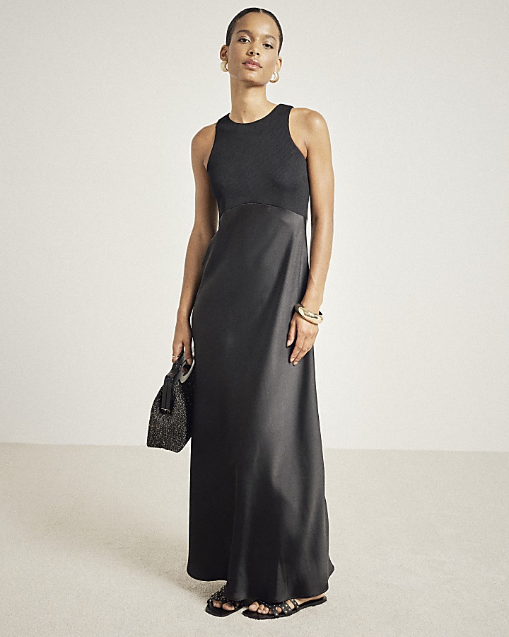 Black satin hybrid slip maxi dress | River Island