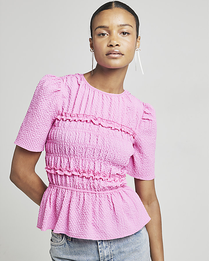 Pink Shirred Peplum Top | River Island