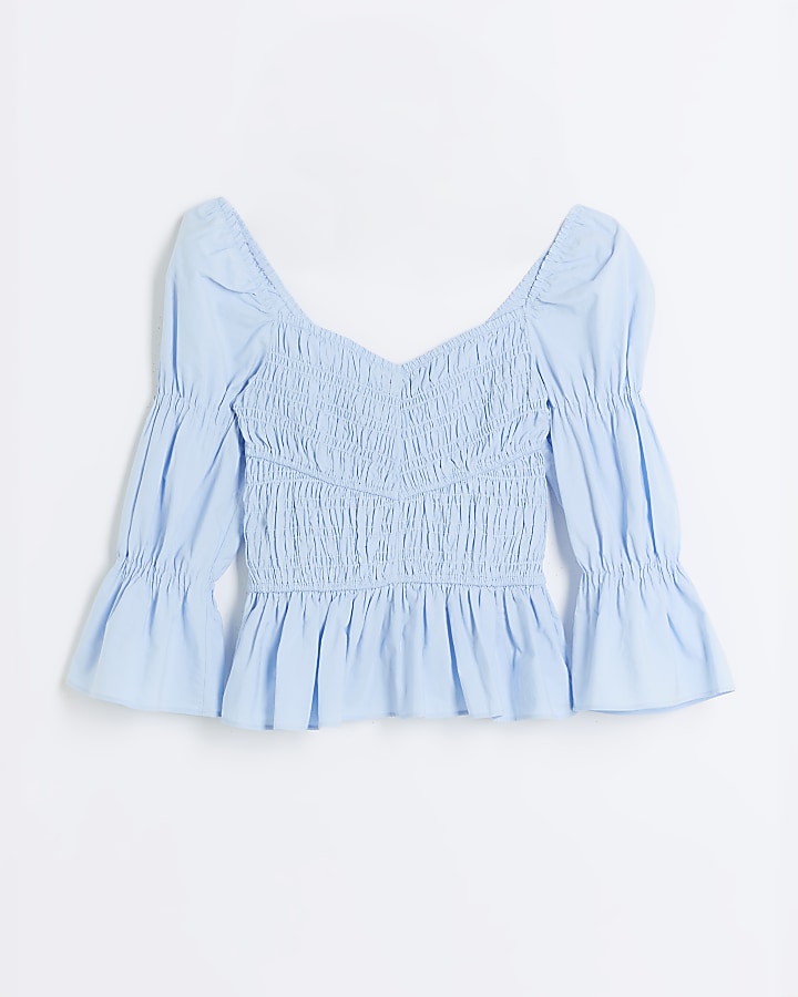 Blue shirred blouse | River Island