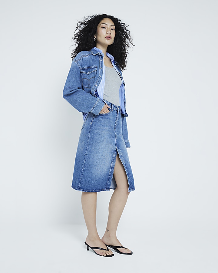 Classic denim skirt mid blue with sand stitching main image 1