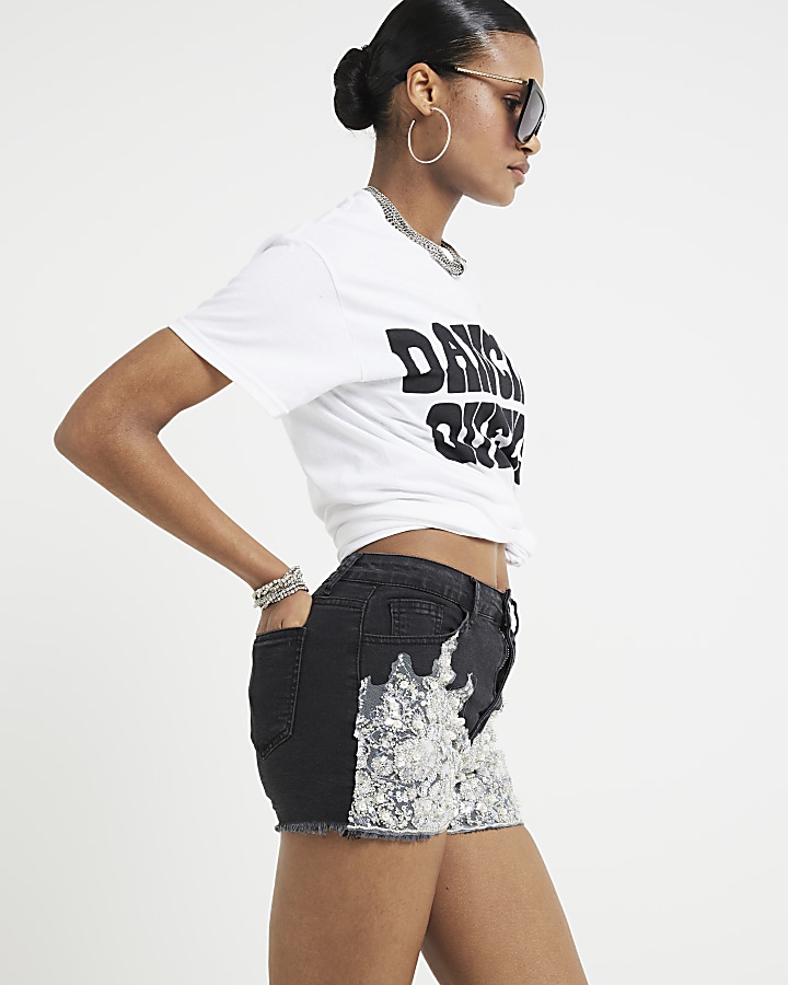 Black embellished denim shorts
