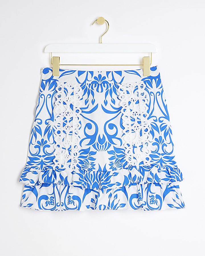 Blue floral frill skirt