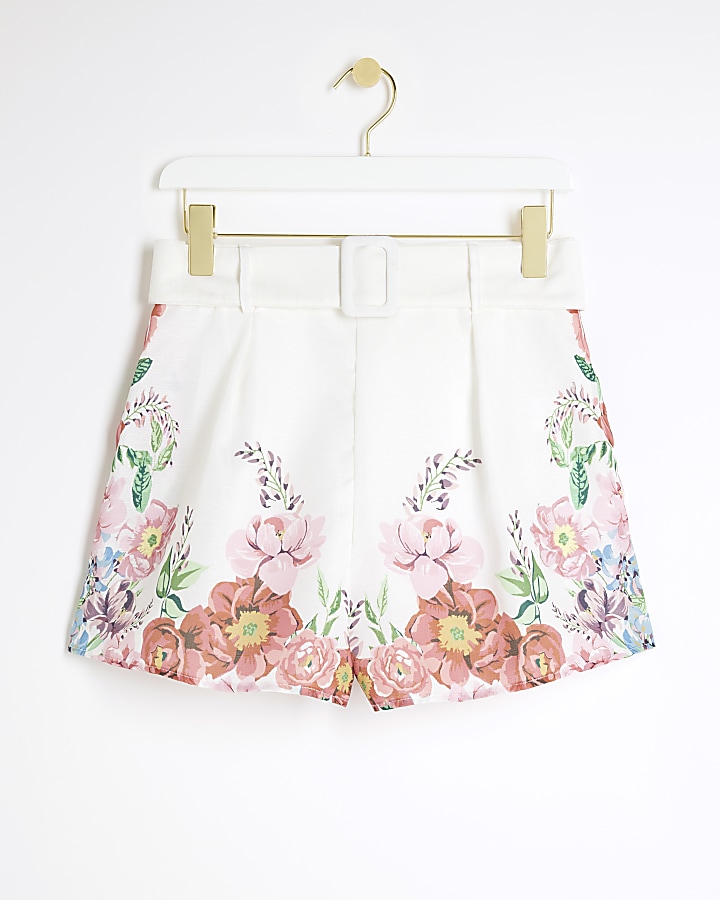 Pink floral belted shorts