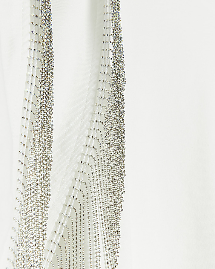 White Chain Fringe T-shirt | River Island