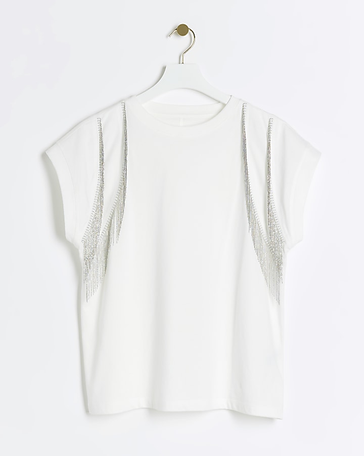 White Chain Fringe T-shirt | River Island