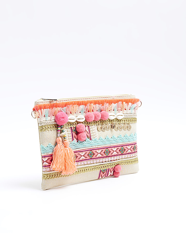 Pink Embellished Beach Pouch Bag