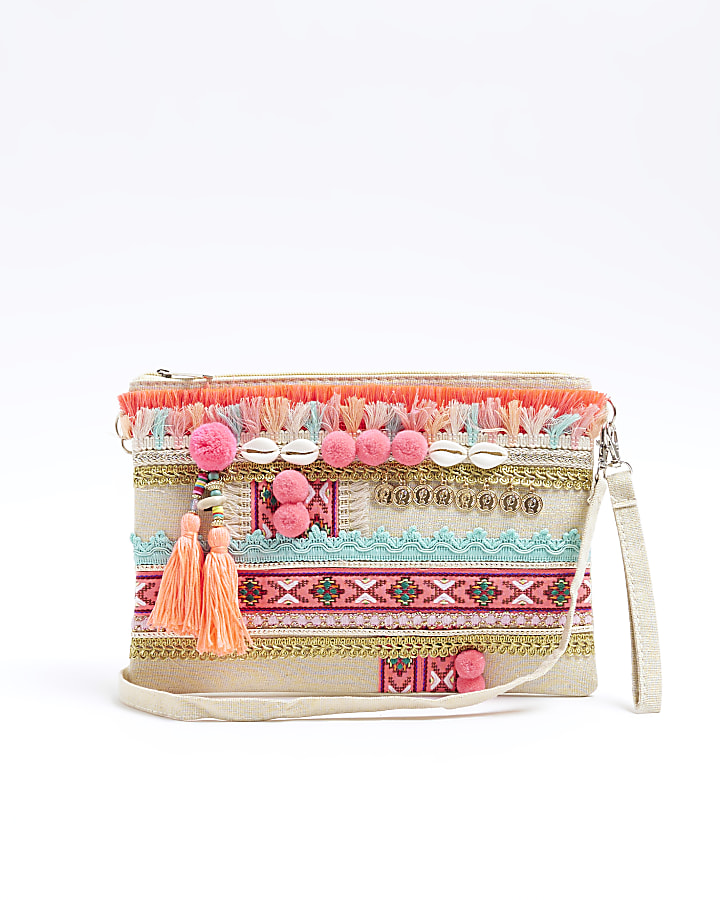 Pink Embellished Beach Pouch Bag