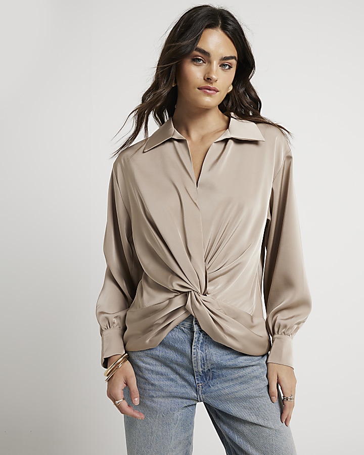 Beige satin front knot blouse | River Island