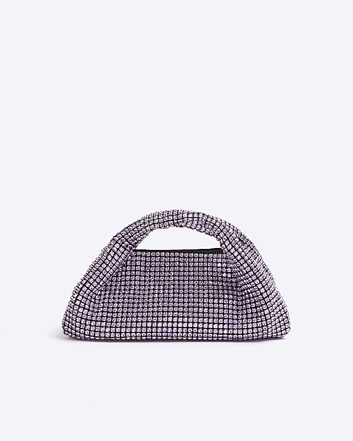 Purple diamante scoop clutch bag
