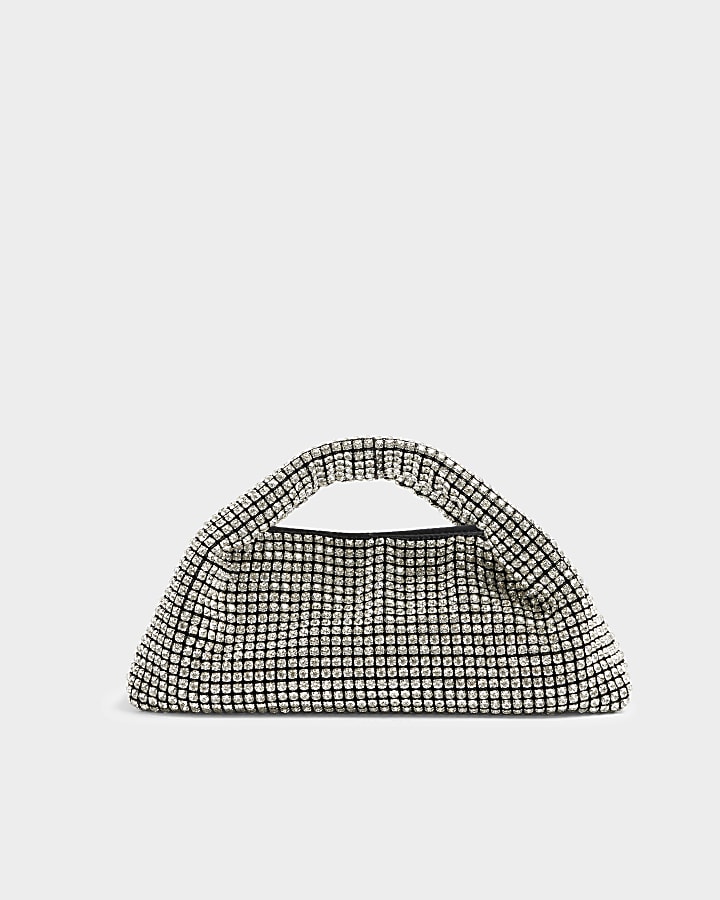 Silver Diamante Scoop Clutch Bag