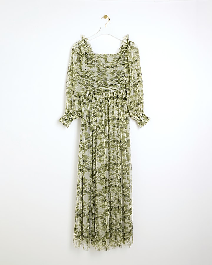 Green Printed Tulle Maxi Dress