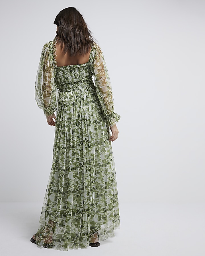 Green Printed Tulle Maxi Dress