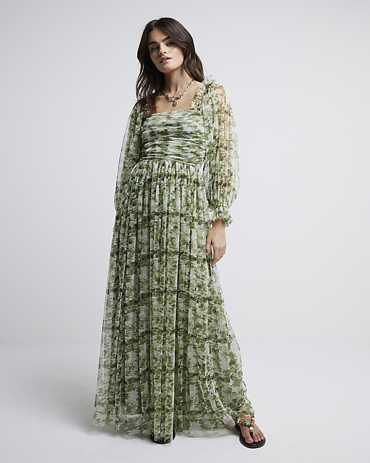 Green Printed Tulle Maxi Dress