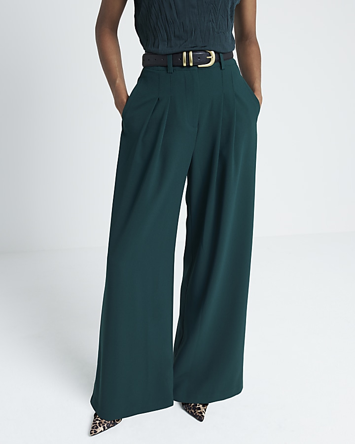 Green Pleated Wide Leg Trousers | River Island