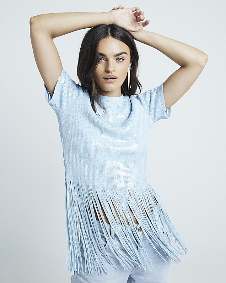 Blue Sequin Fringe Crop T-shirt | River Island