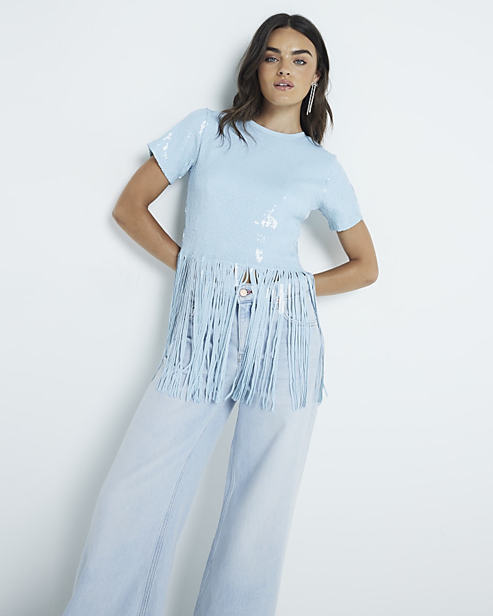 Blue Sequin Fringe Crop T-shirt | River Island