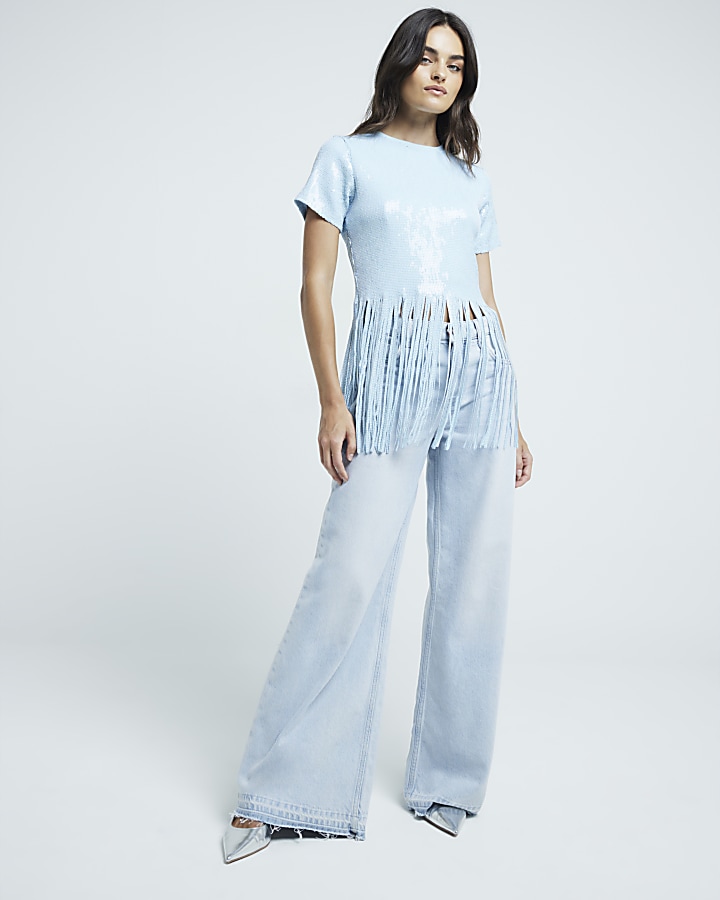 Blue Sequin Fringe Crop T-shirt | River Island