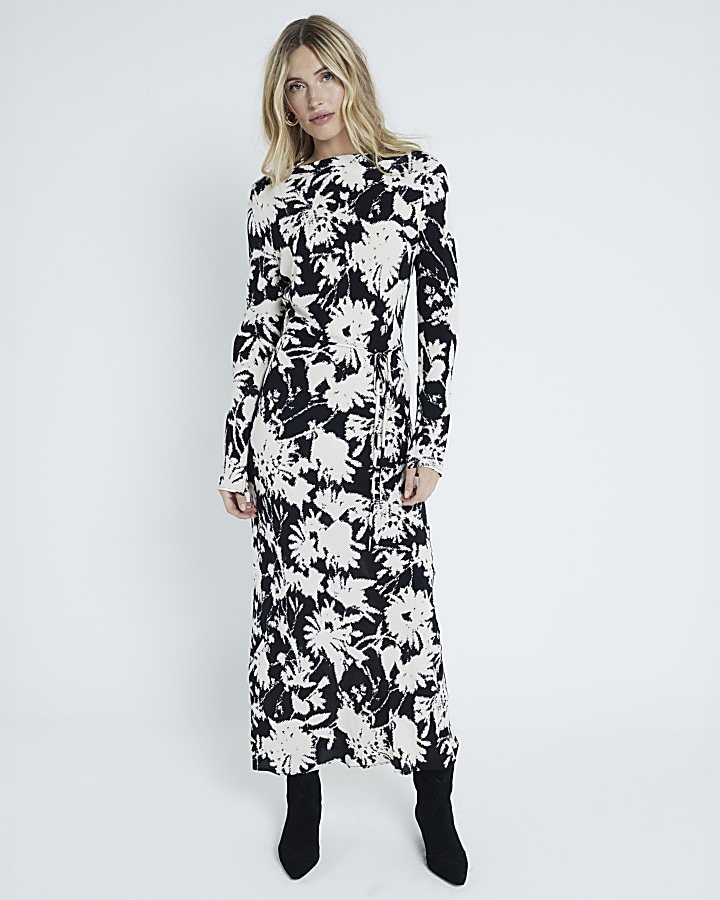 Floral-Printed Web-Stripe Maxi Dress -White or Black