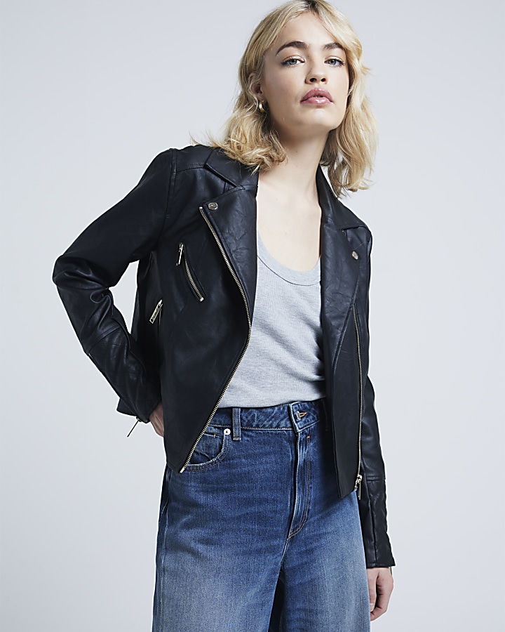 Black faux leather biker jacket | River Island