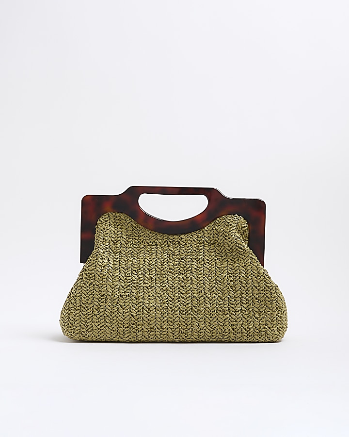 Green raffia top handle clutch bag