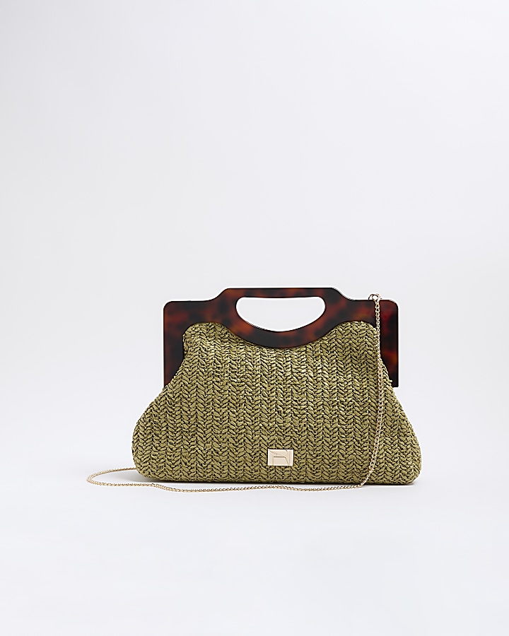 Green raffia top handle clutch bag