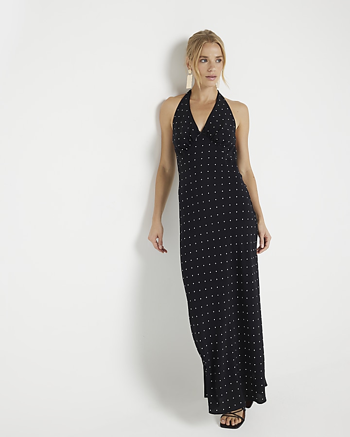 Black spot halter neck slip maxi dress | River Island