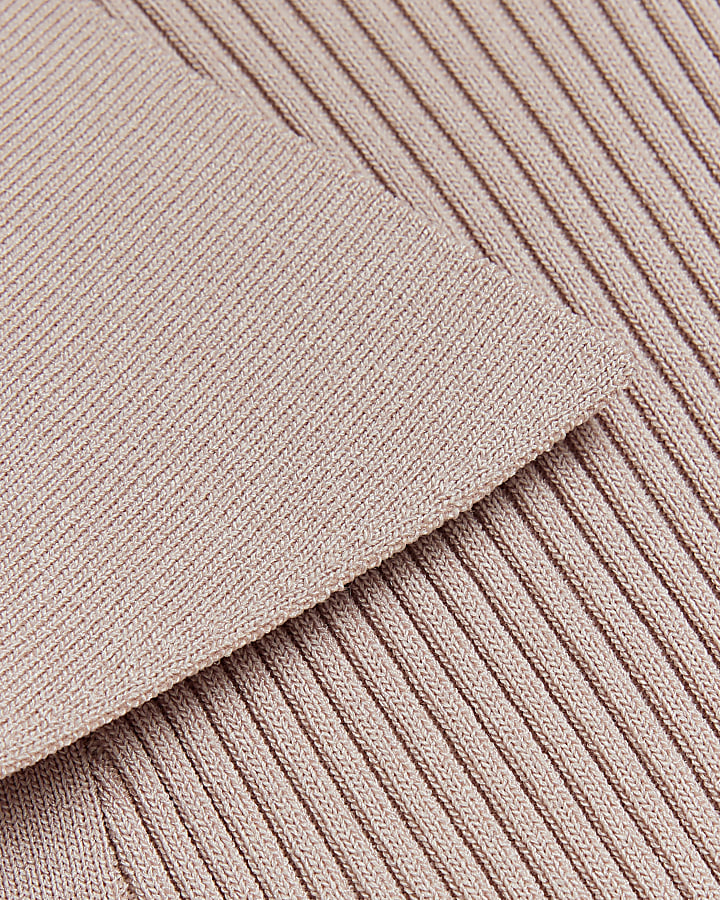 Beige knit button detail polo top River Island