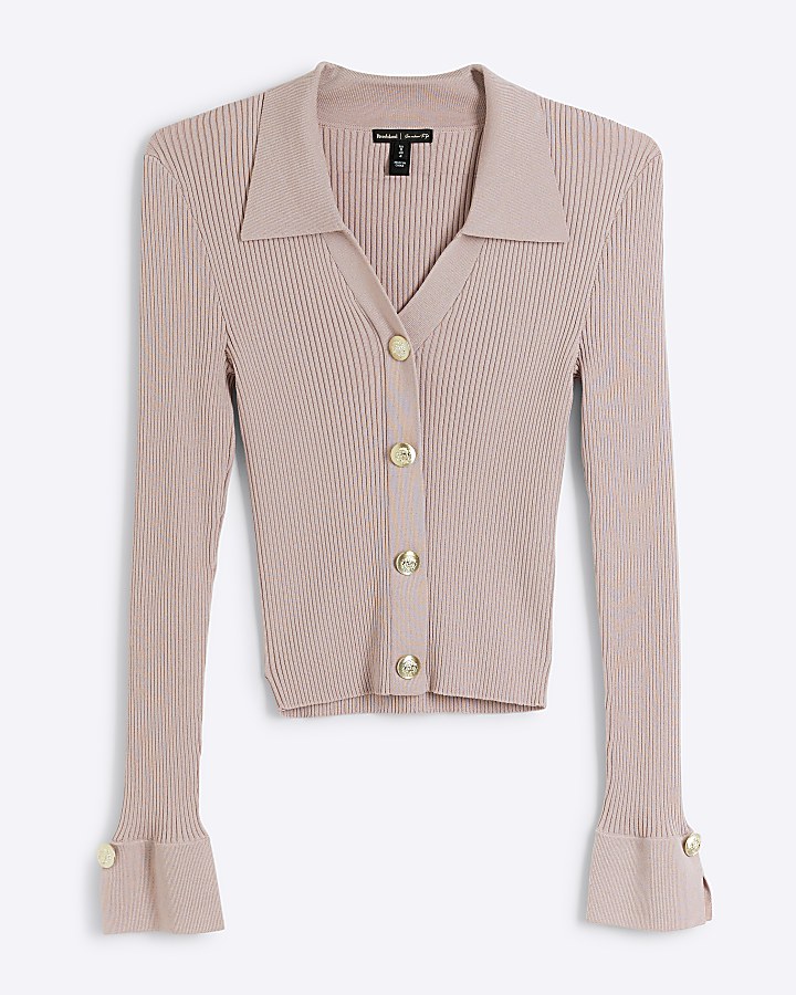 Beige knit button detail polo top River Island