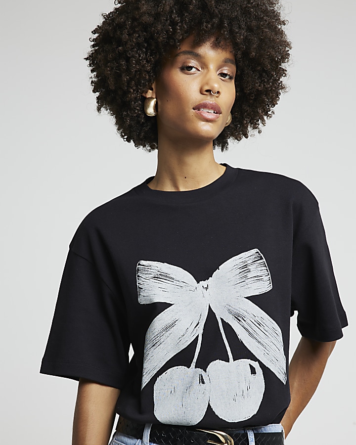 Black cherry graphic oversized t-shirt | River Island