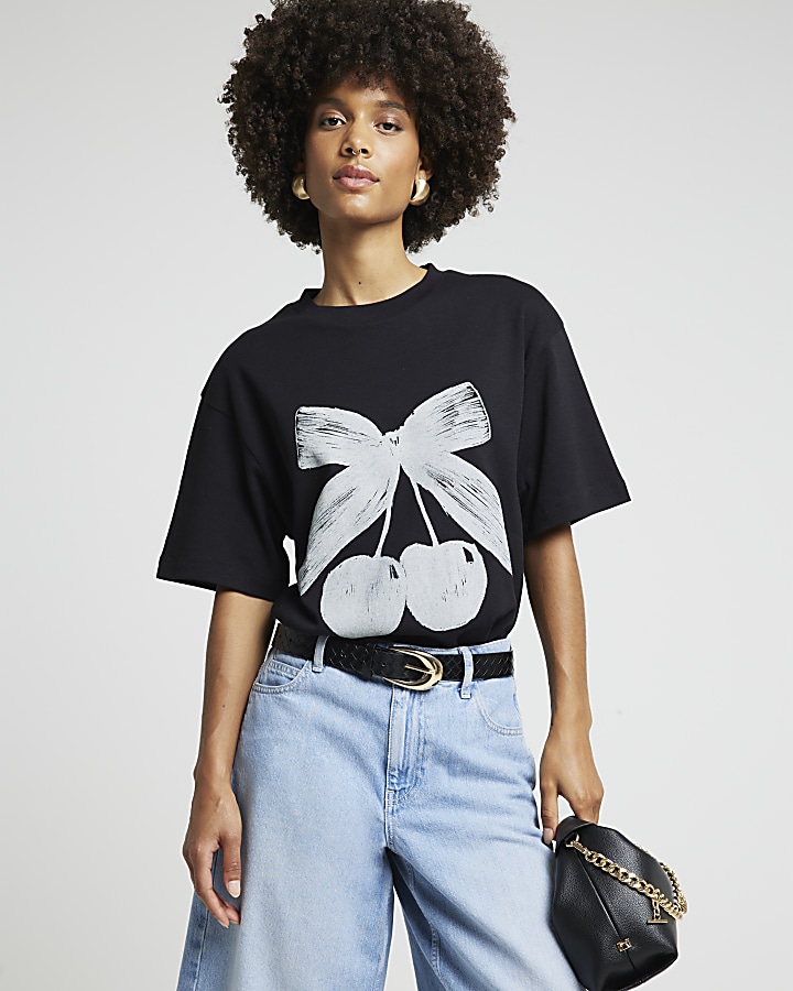 Black cherry graphic oversized t-shirt | River Island