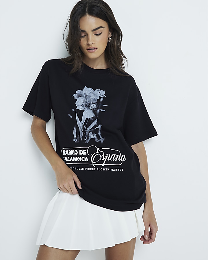 Black Floral Graphic Oversized T-Shirt | River Island